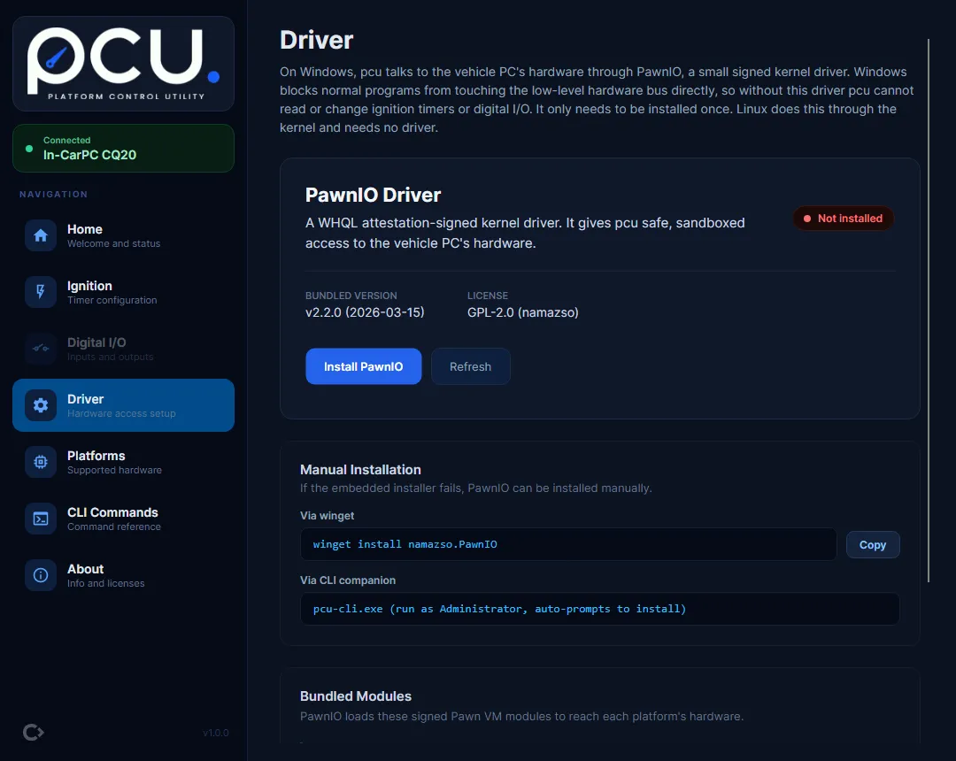 The pcu Driver page on Windows: the PawnIO driver status card, the manual installation options, and the bundled modules.