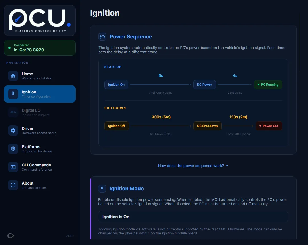 The pcu Ignition page: the power-sequence timeline across the top and the startup and shutdown timer editors below, for a connected CQ20.